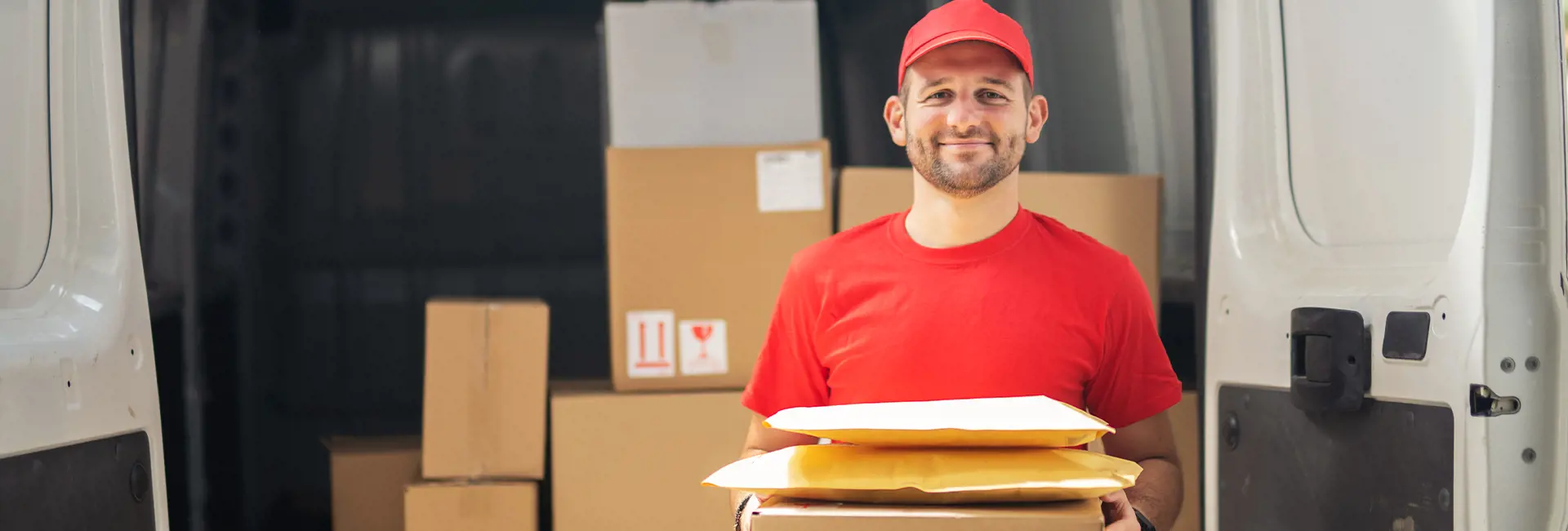 Smiling courier in a red uniform holding packages in front of a delivery van filled with boxes