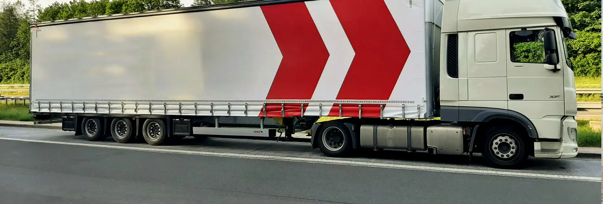 A large white truck with a trailer parked on a road with greenery in the background.