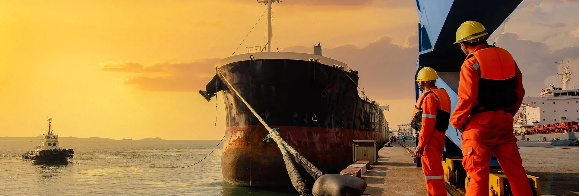 Docked cargo ship at sunset with workers in safety gear overseeing marine logistics operations