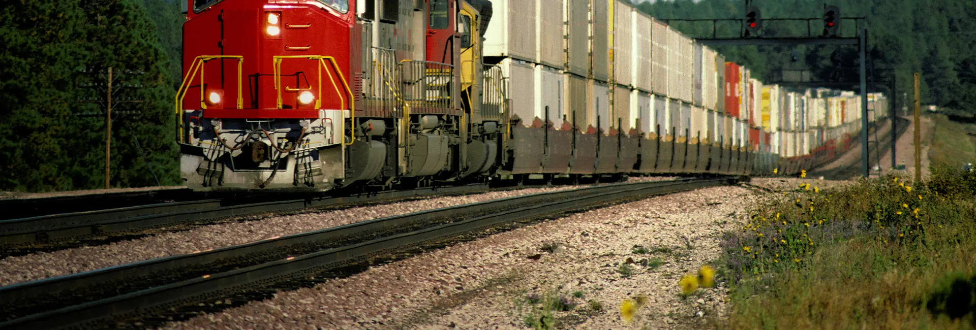 Train transporting containers through a European railway hub, highlighting intra-Europe logistics.