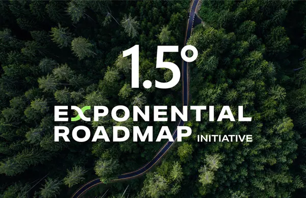 1.5° Exponential Roadmap Initiative text overlaying an aerial view of a forest with a winding road.