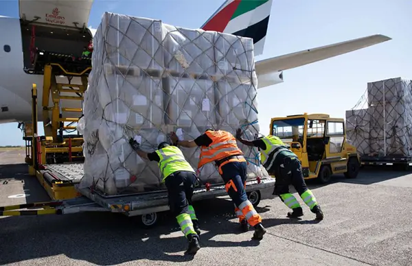 Ground crew pushing a large cargo pallet onto an airfreight loader near an Emirates SkyCargo plane.