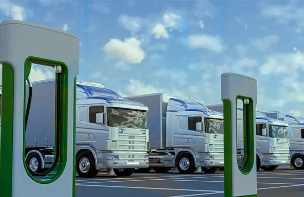 Electric charging stations in front of parked electric freight trucks.