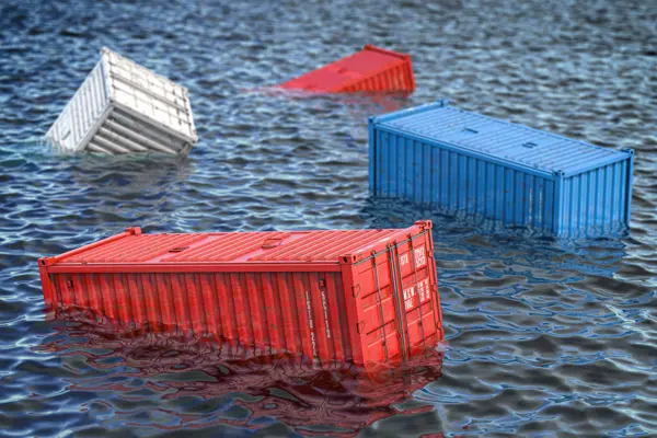 Shipping containers floating in water, symbolizing the risks of damaged or lost cargo in maritime transport