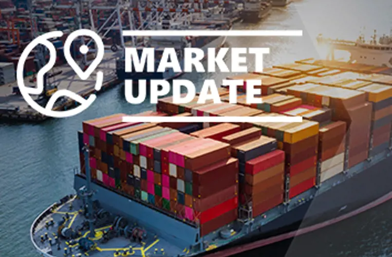 Market Update banner with a cargo ship carrying containers, departing a port, and a globe with a location pin icon