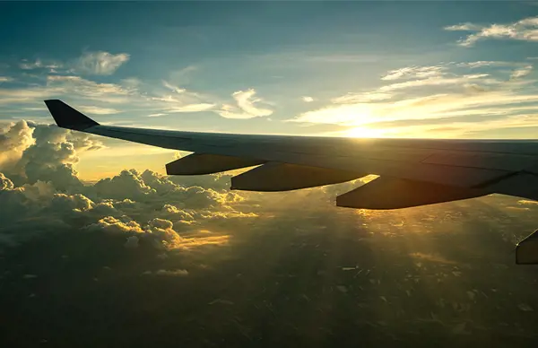Airplane wing flying above the clouds during sunrise, symbolizing Scan Global Logistics' commitment to sustainability
