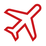 Red outline icon of an airplane, symbolizing air transport or aviation