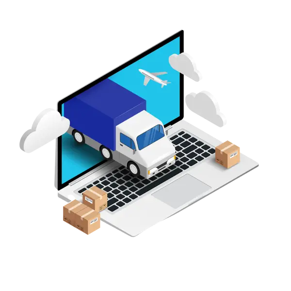 A laptop with a truck emerging from the screen, surrounded by clouds and an airplane, symbolizing e-commerce and logistics integration