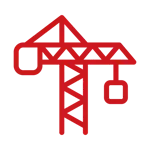 Red outline of a construction crane on a black background