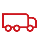 Red outline icon of a delivery truck with three wheels on a black background