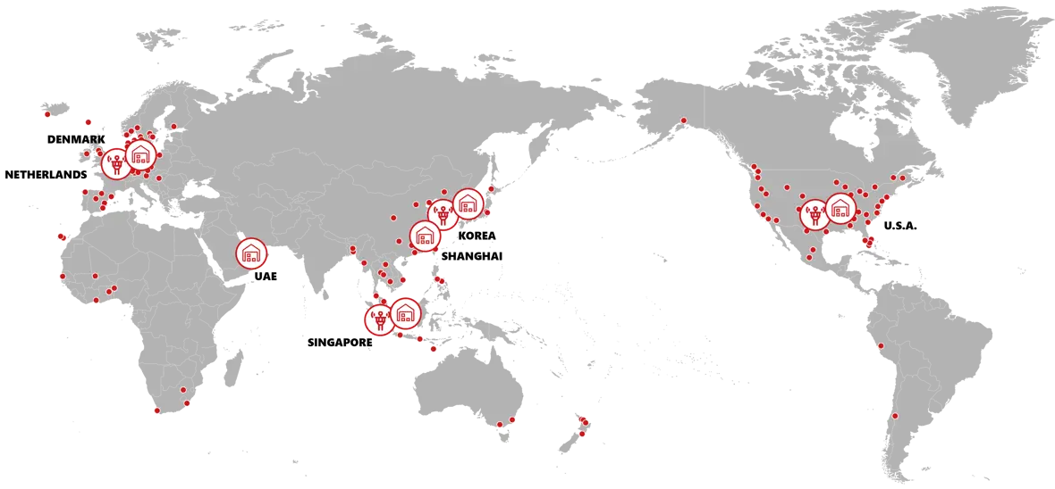 Global map highlighting Scan Global Logistics' marine hubs and customs bonded warehouses worldwide
