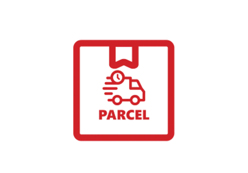 Red parcel icon with a delivery truck and the word 'Parcel' beneath it