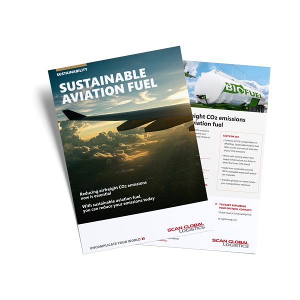 Flyer for Sustainable Aviation Fuel (SAF) featuring an airplane wing over clouds and sustainability details